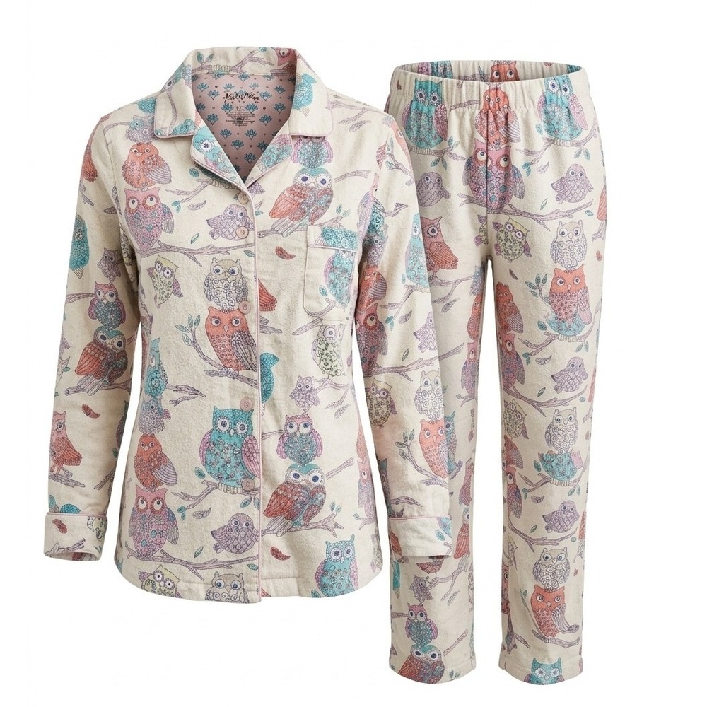 Nick & Nora Pajama Set Large 100% Cotton Flannel Night Owls Print 2PC Womens